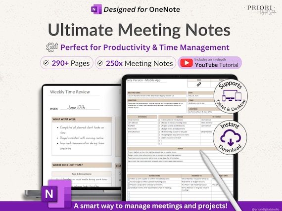 OneNote Planner Meeting Notes Planner Hyperlinked Digital Planner OneNote Productivity Planner for Professional OneNote Work Task Tracker