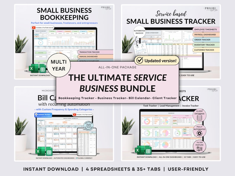 Small business spreadsheet bundle for service business owners available in Excel and Google Sheets. Includes bookkeeping spreadsheet, client tracker, CRM, payroll tracker, invoice tracker, and order tracker to organize finances and customers. Perfect all-in-one toolkit to manage your service business, streamline bookkeeping, and track clients, orders, and payments with ease in one simple system.