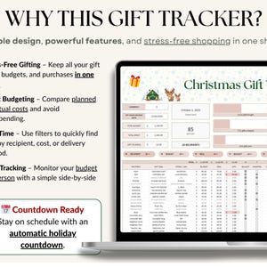 Holiday Gift Tracker Spreadsheet for Christmas budgeting and planning. Manage recipient names, gift ideas, stores, purchase links, and budgets in one dashboard. Track budget vs actual spending, see auto-updating charts, and monitor gift status bought, wrapped, and sent. Works with any currency and simplifies your holiday shopping with a clear all-in-one template.