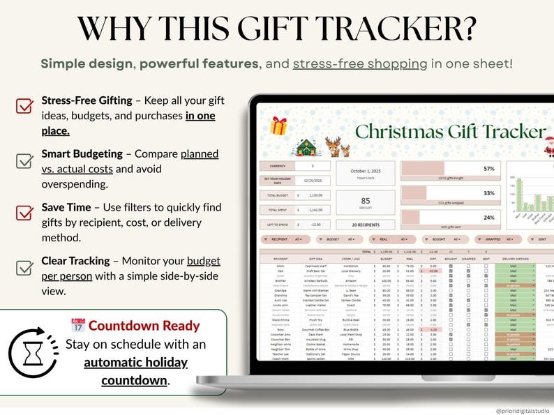 Holiday Gift Tracker Spreadsheet for Christmas budgeting and planning. Manage recipient names, gift ideas, stores, purchase links, and budgets in one dashboard. Track budget vs actual spending, see auto-updating charts, and monitor gift status bought, wrapped, and sent. Works with any currency and simplifies your holiday shopping with a clear all-in-one template.
