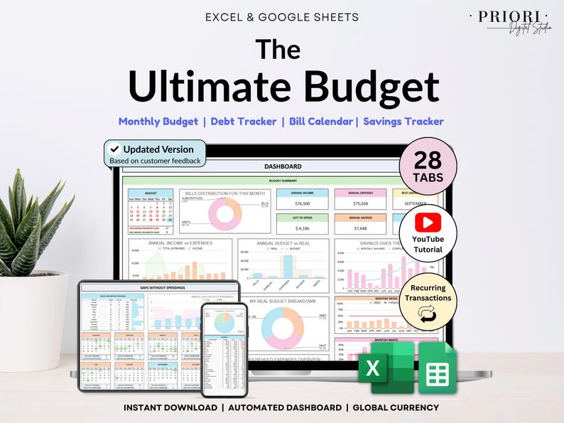 Ultimate Budget Spreadsheet Multicolored theme for Google Sheets & Excel – Annual and Monthly Budget Tracker with Bill, Debt & Savings Tracking. Includes recurring transactions, subscriptions, income, and expenses. Perfect personal finance planner for couples or families (up to 6 users). Start anytime and manage your money with ease.