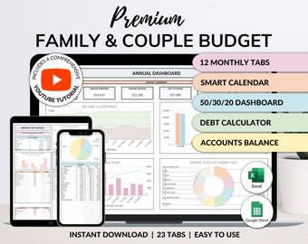 Budget annuel familial, feuille de calcul Excel, feuilles Google, suivi budgétaire mensuel aux deux semaines, planificateur financier pour couple, calendrier des factures, suivi des dettes