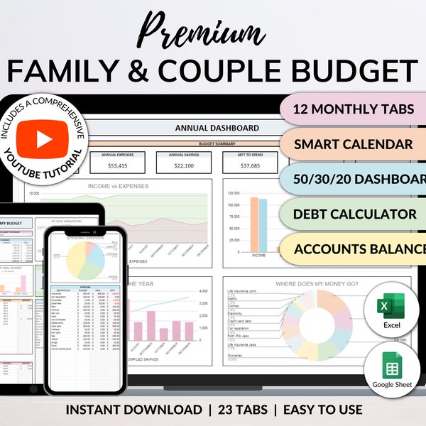 Budget annuel familial, feuille de calcul Excel, feuilles Google, suivi budgétaire mensuel aux deux semaines, planificateur financier pour couple, calendrier des factures, suivi des dettes