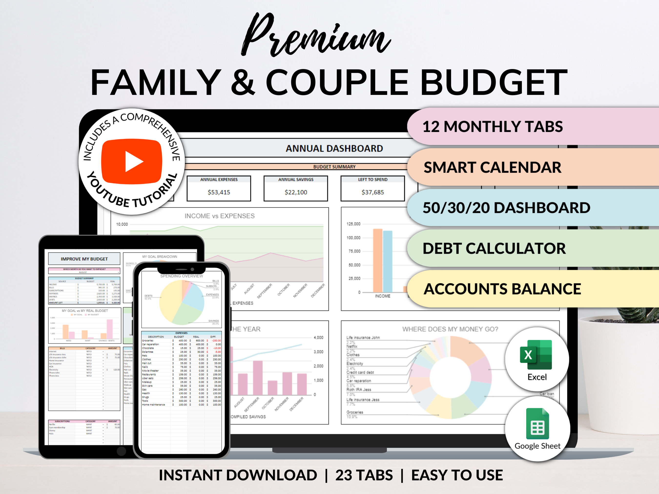 Family Annual Budget Excel Spreadsheet Google Sheets Monthly Biweekly Budget Tracker Couple Financial Planner Bill Calendar Debt Tracker