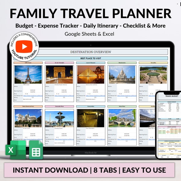 Travel Planner Google Sheet Excel Template Holiday Organizer Family Travel Budget Spreadsheet Travel Itinerary Vacation Planner Packing List