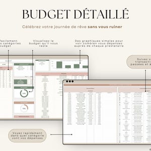 Planner de mariage numérique en français compatible Excel et Google Sheets. Suivi du budget, liste d'invités, plan de table, itinéraire, lune de miel, checklist de mariage, fiançailles, gestion des cadeaux et plus. Parfait pour planifier un mariage de A à Z. Téléchargement instantané, idéal pour les couples organisés. Outil tout-en-un pour mariage civil, religieux ou destination.