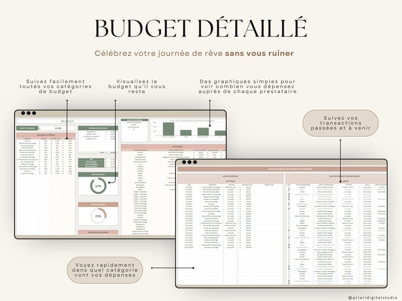 Planner de mariage numérique en français compatible Excel et Google Sheets. Suivi du budget, liste d'invités, plan de table, itinéraire, lune de miel, checklist de mariage, fiançailles, gestion des cadeaux et plus. Parfait pour planifier un mariage de A à Z. Téléchargement instantané, idéal pour les couples organisés. Outil tout-en-un pour mariage civil, religieux ou destination.