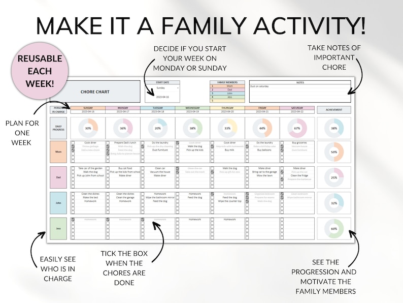 Family Chore Chart Google Sheets Excel Template Planner, Family Chore Cart Weekly Calendar, Cleaning Checklist, Daily Chore Chart for Kids