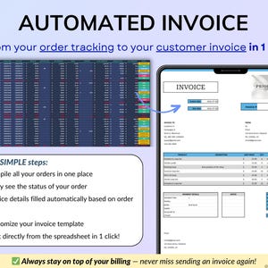Ultimate Small Business Bundle in dark mode with 4 spreadsheets for Google Sheets and Excel including bookkeeping, inventory tracker, order tracker, pricing calculator, and smart bill calendar. Perfect for small business and handmade sellers to track income, expenses, sales taxes, inventory, customers, product pricing, invoices, profit, and bills in one complete business spreadsheet bundle. Can use for multiple years!