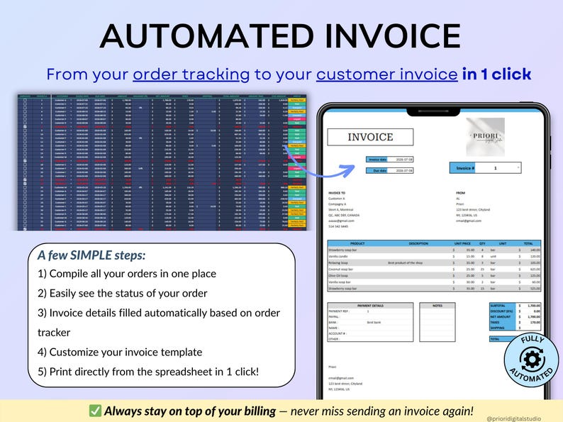Ultimate Small Business Bundle in dark mode with 4 spreadsheets for Google Sheets and Excel including bookkeeping, inventory tracker, order tracker, pricing calculator, and smart bill calendar. Perfect for small business and handmade sellers to track income, expenses, sales taxes, inventory, customers, product pricing, invoices, profit, and bills in one complete business spreadsheet bundle. Can use for multiple years!