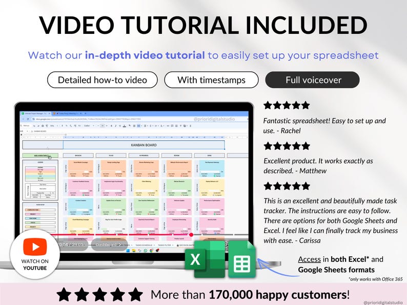 Project Management Spreadsheet for Excel and Google Sheets designed for small businesses, teams, and freelancers. Includes dashboards, recurring tasks, Gantt chart, Kanban board, Eisenhower matrix, task tracker, project timeline, and schedule templates