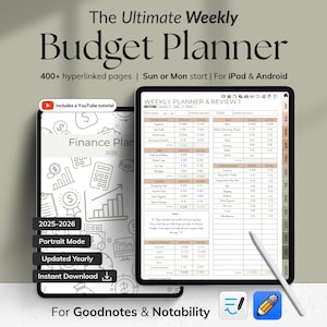 May include: Digital budget planner displayed on two tablets. The text reads "The Ultimate Weekly Budget Planner" with features like 400+ hyperlinked pages, Sun or Mon start, and compatibility with iPad & Android. Includes a YouTube tutorial.