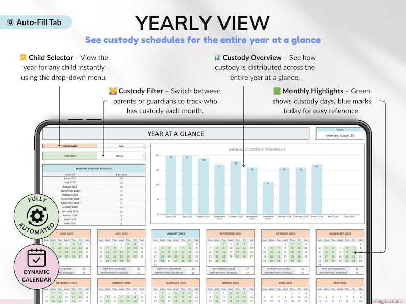 Co-parenting planner for Google Sheets to help divorced or separated parents track custody schedules, child support, shared expenses, and visitation. Includes automated calendar, recurring and one-time schedules, and expense tracking to simplify co-parenting and financial management. Perfect digital tool for organized, stress-free custody and parenting coordination.