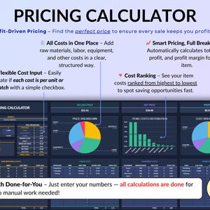 Ultimate Small Business Bundle in dark mode with 4 spreadsheets for Google Sheets and Excel including bookkeeping, inventory tracker, order tracker, pricing calculator, and smart bill calendar. Perfect for small business and handmade sellers to track income, expenses, sales taxes, inventory, customers, product pricing, invoices, profit, and bills in one complete business spreadsheet bundle. Can use for multiple years!