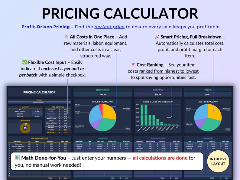 Ultimate Small Business Bundle in dark mode with 4 spreadsheets for Google Sheets and Excel including bookkeeping, inventory tracker, order tracker, pricing calculator, and smart bill calendar. Perfect for small business and handmade sellers to track income, expenses, sales taxes, inventory, customers, product pricing, invoices, profit, and bills in one complete business spreadsheet bundle. Can use for multiple years!