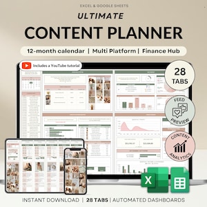 May include: A digital content planner displayed on a laptop, tablet, and phone. The planner includes a 12-month calendar, multi-platform features, and a finance hub. The image also includes the text "ULTIMATE CONTENT PLANNER".
