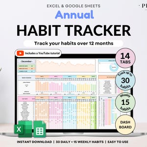 Foglio di calcolo per il monitoraggio delle abitudini annuali, Excel, Fogli Google, Planner giornaliero delle abitudini, Planner settimanale degli obiettivi, Planner di routine, Tracker delle abitudini per ADHD, Abitudine annuale
