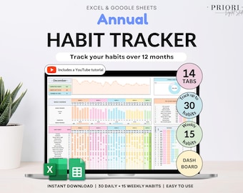 Yearly Habit Tracker Spreadsheet Excel Google Sheets Daily Habit Planner Weekly Goal Planner Routine Planner ADHD Habit Tracker Annual Habit