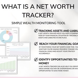 What is a net worth tracker page. The benefits of using a net worth tracker are described; tracking assets and liabilities, reach financial goal, identify opportunities to save money