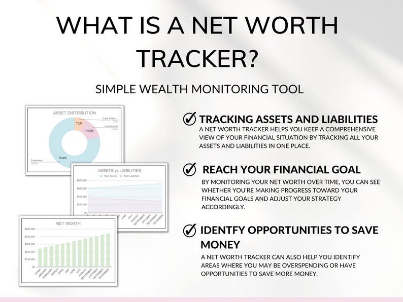 What is a net worth tracker page. The benefits of using a net worth tracker are described; tracking assets and liabilities, reach financial goal, identify opportunities to save money