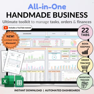Monitoraggio della contabilità per piccole imprese Monitoraggio dell'inventario Monitoraggio degli ordini Monitoraggio delle attività dei prodotti fatti a mano Calcolatrice dei prezzi Fogli Google Excel
