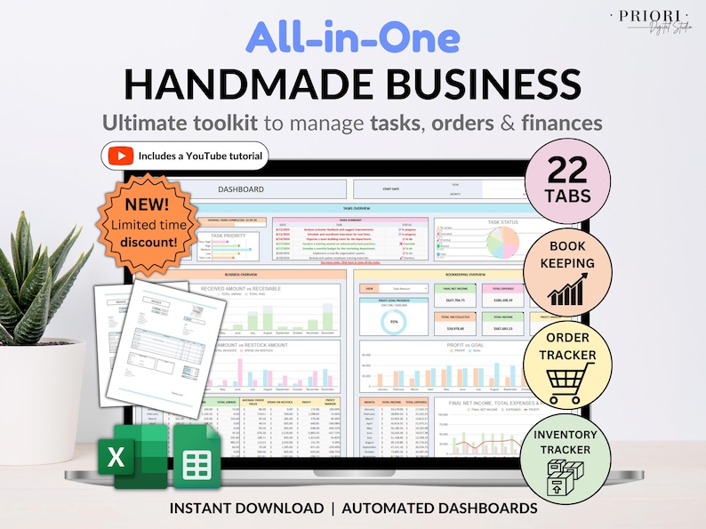 Small Business Bookkeeping Tracker Inventory Tracker Order Tracker Handmade Product Task Tracker Pricing Calculator Google Sheets Excel