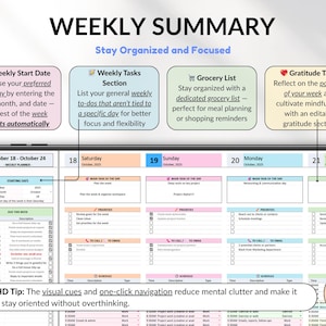 Perfect weekly planner with 1-week view including weekly and daily sections. ADHD weekly planner, time block planner, to do list, goal planner, habit tracker, and productivity planner. Works with Google Sheets and Excel. Ideal for organizing tasks, scheduling your week, tracking goals, and managing personal, family, and work routines efficiently.