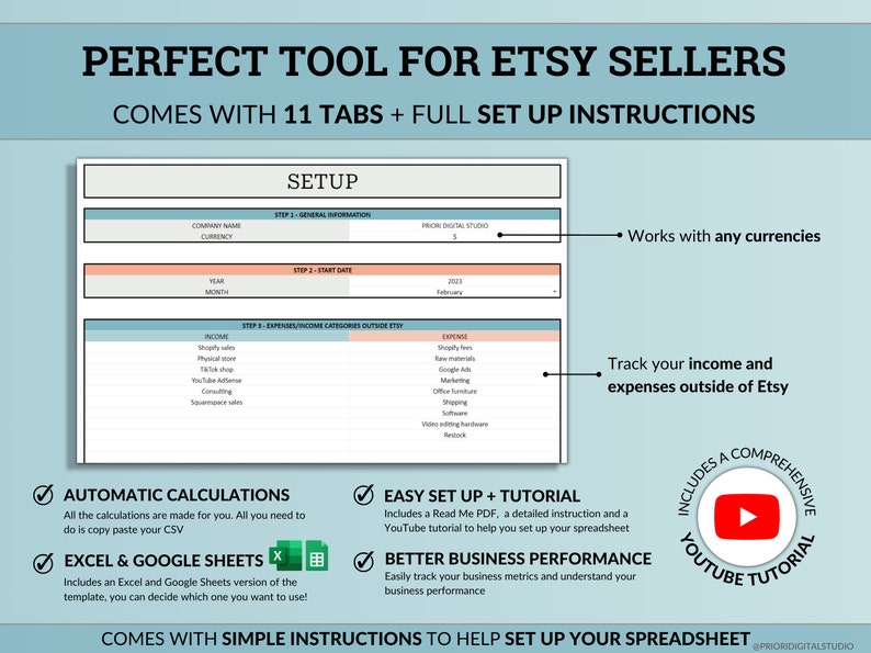 Etsy Bookkeeping Spreadsheet Small Business Bookkeeping Income Expense Profit Tracker Google Sheets Excel Accounting Template Tax Tracker