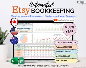 Spreadsheet boekhouding Etsy-verkoper Planner kleine bedrijven Inkomsten uitgaven Winsttracker Google Spreadsheets Excel-boekhoudsjabloon Belastingtracker