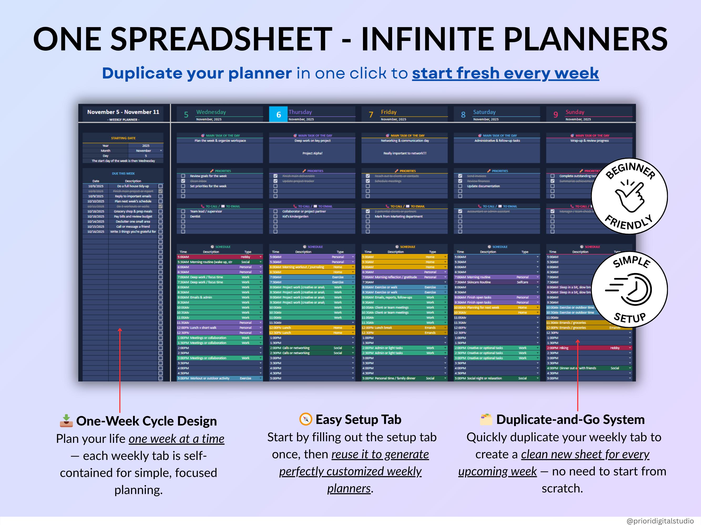 Weekly Planner Daily Task Tracker Dark Mode Spreadsheet Google Sheets ...