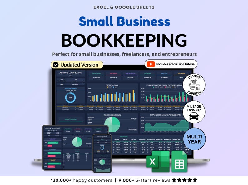 Small Business Bookkeeping Spreadsheet in dark mode designed to track income, expenses, profit, and sales tax in one organized system. Includes bank account tracking, mileage tracker, tax tracker, balance sheet, and monthly, quarterly, annual, and 5-year dashboards. Ideal accounting and financial planner template for small business owners using Excel or Google Sheets.