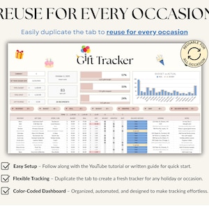 All-Occasion Gift Tracker Spreadsheet for birthdays, weddings, baby showers, and special occasions. Track recipient names, gift ideas, stores, budgets, and spending in one easy dashboard. Monitor progress for each gift, compare budget vs actual costs, and keep everything organized. Works with any currency and simplifies gift planning, shopping, and budgeting for stress-free gifting all year round.