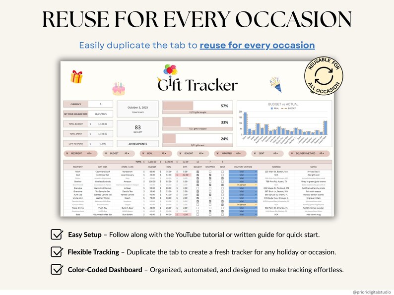 All-Occasion Gift Tracker Spreadsheet for birthdays, weddings, baby showers, and special occasions. Track recipient names, gift ideas, stores, budgets, and spending in one easy dashboard. Monitor progress for each gift, compare budget vs actual costs, and keep everything organized. Works with any currency and simplifies gift planning, shopping, and budgeting for stress-free gifting all year round.