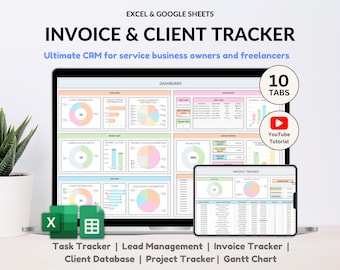 Può includere: Uno schermo di computer che mostra un foglio di calcolo con un cruscotto, grafici e diagrammi. Il foglio di calcolo è intitolato "Invoice & Client Tracker" ed è descritto come un "CRM definitivo per i proprietari di aziende di servizi e i liberi professionisti". Il foglio di calcolo ha 10 schede e include un tracker delle attività, la gestione dei lead, il tracker delle fatture, il database dei clienti, il tracker dei progetti e il diagramma di Gantt.