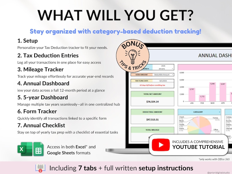 Business tax spreadsheet built for self-employed individuals, freelancers, and small business owners. Track deductions, write-offs, and tax-related transactions in one organized Google Sheets tax tracker. Perfect for annual reporting, 1099 form prep, and staying on top of business accounting and finance management.