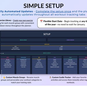 Workout Planner Spreadsheet for Google Sheets & Excel in dark mode featuring a Fitness Tracker, Exercise Log, Gym Planner, Weightlifting Log, Workout Calendar, and Weight Loss Tracker. Track sets, reps, weight, cardio workouts, and training progress with automated dashboards, workout analytics, exercise tracking, monthly calendar views, and yearly fitness reports. Perfect for gym training, Pilates, athletic training, health and wellness, and personal fitness goals.