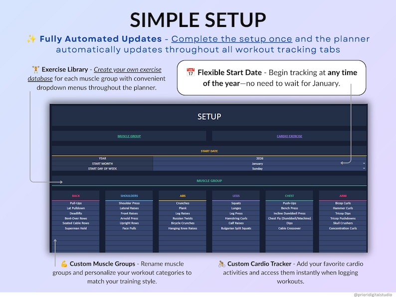 Workout Planner Spreadsheet for Google Sheets & Excel in dark mode featuring a Fitness Tracker, Exercise Log, Gym Planner, Weightlifting Log, Workout Calendar, and Weight Loss Tracker. Track sets, reps, weight, cardio workouts, and training progress with automated dashboards, workout analytics, exercise tracking, monthly calendar views, and yearly fitness reports. Perfect for gym training, Pilates, athletic training, health and wellness, and personal fitness goals.