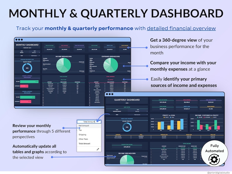 Small Business Bookkeeping Spreadsheet in dark mode designed to track income, expenses, profit, and sales tax in one organized system. Includes bank account tracking, mileage tracker, tax tracker, balance sheet, and monthly, quarterly, annual, and 5-year dashboards. Ideal accounting and financial planner template for small business owners using Excel or Google Sheets.