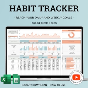 Op de afbeelding: Een laptopscherm waarop een habit tracker-spreadsheet wordt weergegeven met grafieken en diagrammen. De spreadsheet is ontworpen om gebruikers te helpen hun dagelijkse en wekelijkse doelen bij te houden. De spreadsheet is beschikbaar in de formaten Google Sheets en Excel. De tekst op het scherm luidt "HABIT TRACKER - REACH YOUR DAILY AND WEEKLY GOALS - GOOGLE SHEETS | EXCEL".