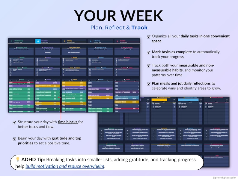 Weekly Planner Daily Task Tracker Dark Mode Spreadsheet Google Sheets ...