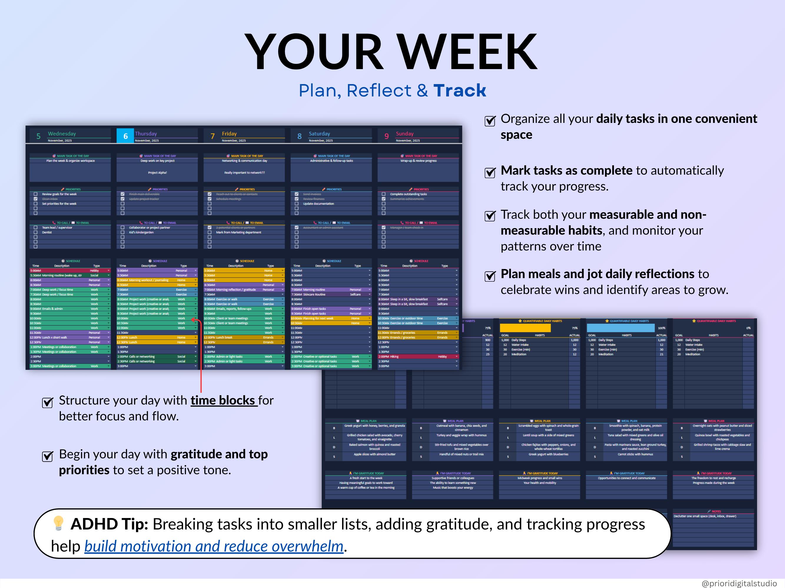 Weekly Planner Daily Task Tracker Dark Mode Spreadsheet Google Sheets ...
