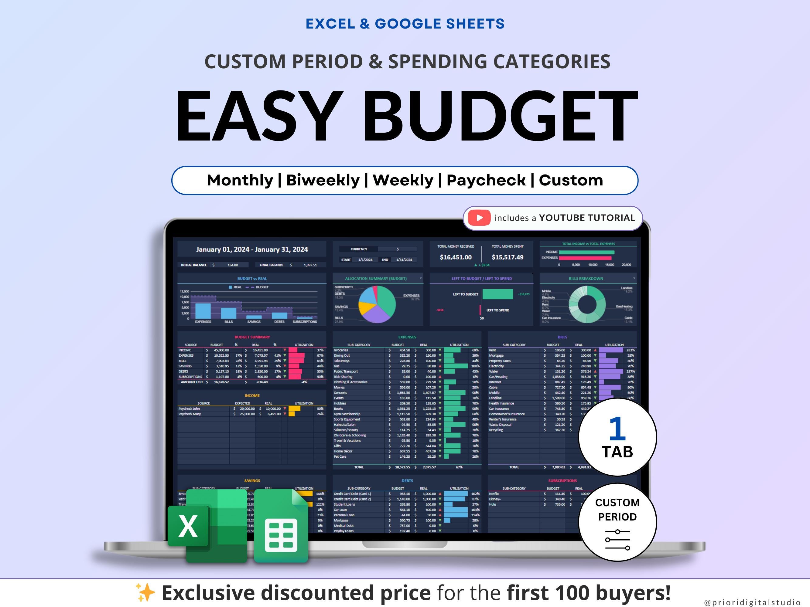 Paycheck Budget Planner for Google Sheets Budget Spreadsheet Excel ...