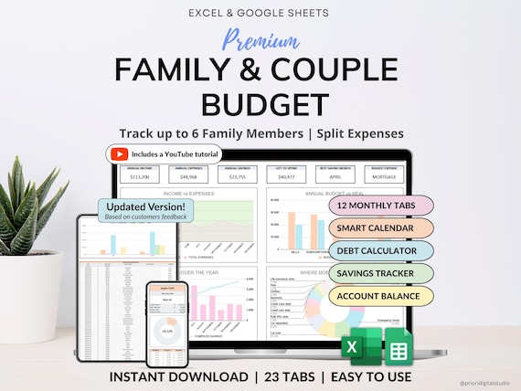 Family Annual Budget Excel Spreadsheet Google Sheets Monthly Biweekly Budget Tracker Couple Financial Planner Bill Calendar Debt Tracker