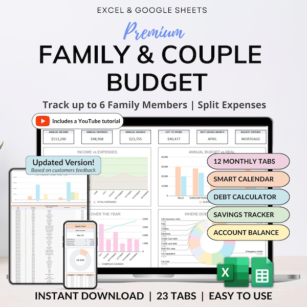 家族の年間予算 Excelスプレッドシート Googleスプレッドシート 月次・隔週予算トラッカー カップル向けファイナンシャルプランナー 請求書カレンダー 債務トラッカー
