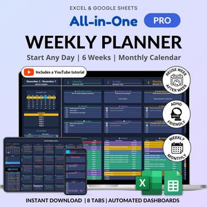 Puede incluir: Un planificador semanal digital que se muestra en una computadora portátil, tableta y teléfono. El planificador incluye un calendario, listas de tareas y el texto "All-in-One PRO WEEKLY PLANNER". El texto adicional incluye "Start Any Day | 6 Weeks | Monthly Calendar".