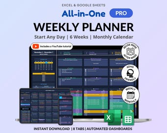 Agenda hebdomadaire Google Sheets, mode sombre, TDAH, agenda hebdomadaire, Excel, tranches horaires, liste de tâches, planificateur d'objectifs, agenda de productivité, calendrier