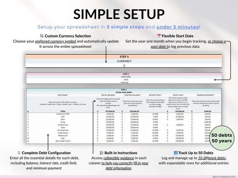 Ultimate Debt Dashboard spreadsheet to track and pay off debt with snowball, avalanche, or custom strategy with custom payment amounts. Includes debt payoff tracker, debt payoff spreadsheet, credit card and loan tracker, mortgage and student loan payoff calculator, credit score tracker and credit utilization tracking, monthly dashboard, repayment calculator. Google Sheets and Excel debt tracker for personal finance, budget planner, financial planner.