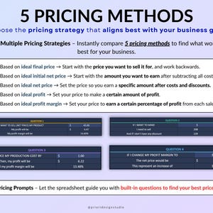 Ultimate Small Business Bundle in dark mode with 4 spreadsheets for Google Sheets and Excel including bookkeeping, inventory tracker, order tracker, pricing calculator, and smart bill calendar. Perfect for small business and handmade sellers to track income, expenses, sales taxes, inventory, customers, product pricing, invoices, profit, and bills in one complete business spreadsheet bundle. Can use for multiple years!