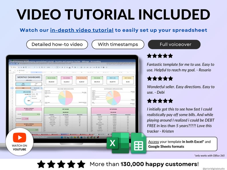 Small Business Bookkeeping Spreadsheet in dark mode designed to track income, expenses, profit, and sales tax in one organized system. Includes bank account tracking, mileage tracker, tax tracker, balance sheet, and monthly, quarterly, annual, and 5-year dashboards. Ideal accounting and financial planner template for small business owners using Excel or Google Sheets.