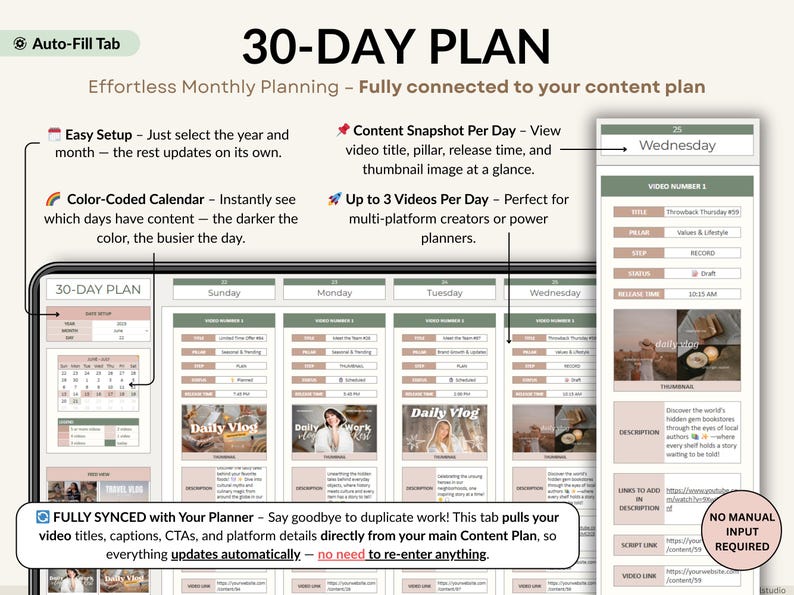 A complete YouTube creator planner in Excel and Google Sheets. Includes brand identity, goals, dashboard, monthly and weekly calendars, video content planning, 30-day schedule, collaboration tracker, and finance hub. Perfect for YouTubers, vloggers, and social media content creators to stay organized, plan videos, track progress, and grow their channel with a clear content strategy and planner system.